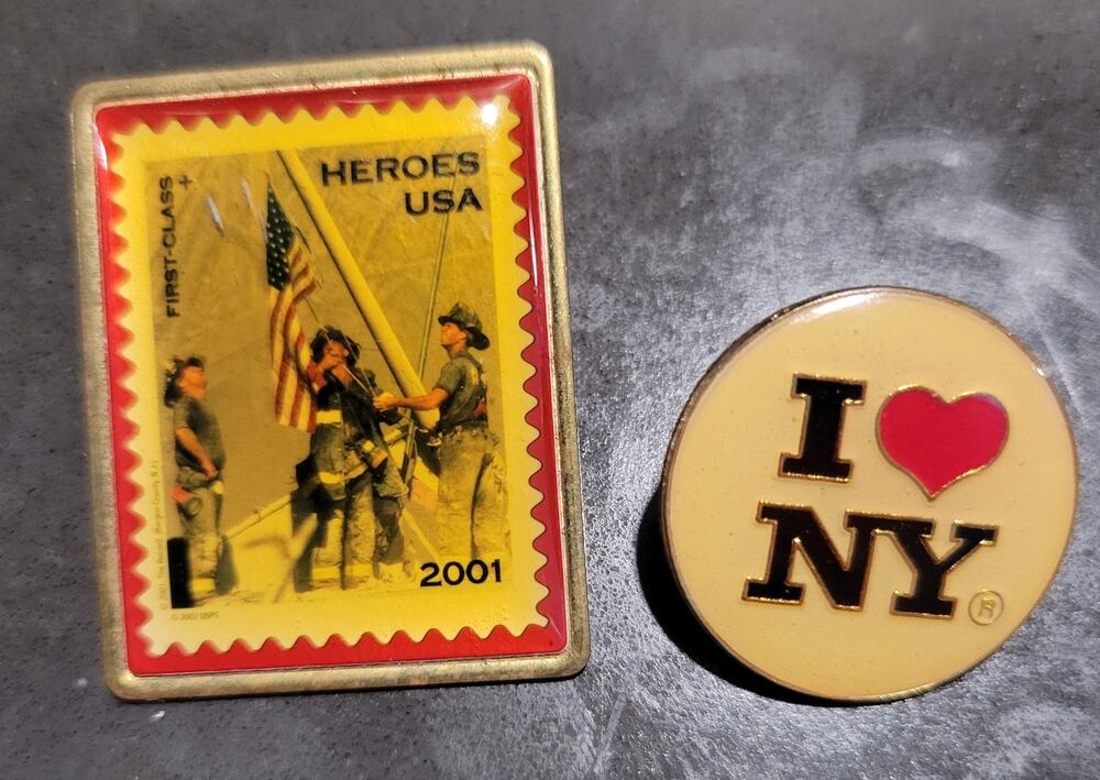 Lot of 2 NY Pins 9/11  First Responder Heroes USPS Stamp & Round I love NY Pin